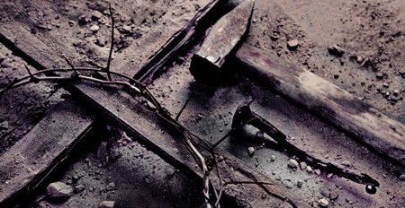 Crucifixion Of Jesus Christ - Cross With Hammer Bloody Nails And Crown Of Thorns. top view.