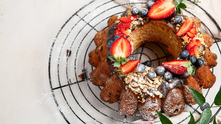 Bundt Cake with strawberry and berry on a light background. Festive cake. top view.