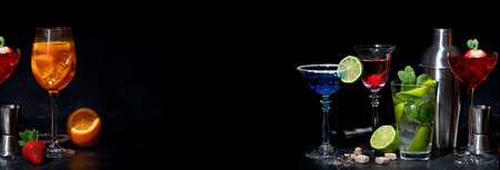 Set of various colorful cocktails on black background. Classic long drink cocktails menu concept. Copy spaceの写真素材