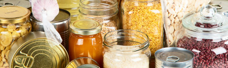 food supplies. Crisis food stock. Different glass jars with grains, pasta, oil, nut, canned food....