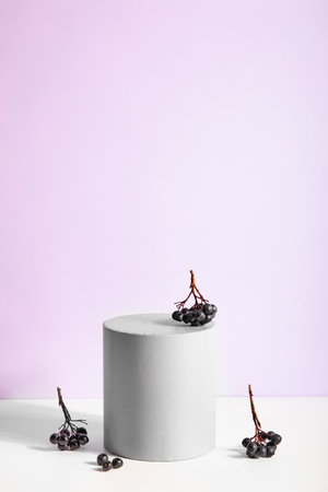 Podiums or pedestals for products display on purple background. Scene with a podium for product presentation, 3d rendering.の写真素材