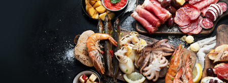 Typical spanish tapas with jamon slices, chorizo, salami, olives, potatoes snack Patatas bravas, seafoods on dark table. Traditional spanish food. top view. copy space, panorama, bannerの写真素材