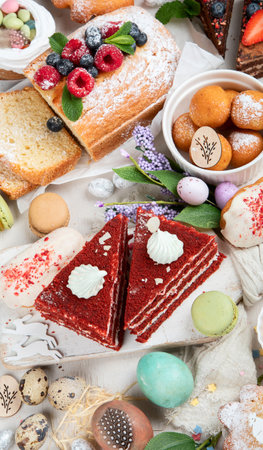 Easter dessert table. Sweet easter holiday concept with holiday decorations. top viewの写真素材