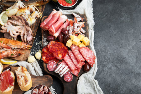 Typical spanish tapas with jamon slices, chorizo, salami, olives, potatoes snack Patatas bravas,...