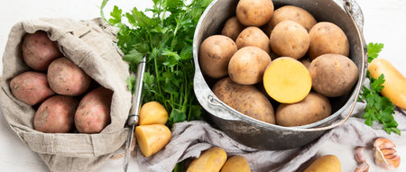 Raw potato food. Fresh potatoes in an old cooking pot on a white background. top view. Panorama banner.の写真素材