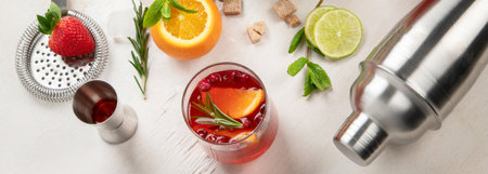 Different delicious cocktails on the table. Alcoholic cocktail with fruit, herbs and ice on a white background. top view. panorama.の写真素材