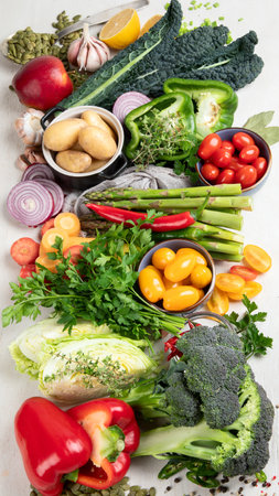 Healthy food clean eating selection: fruit, vegetable, seeds, superfood, cereal, leaf vegetable on a white background. top view.の写真素材
