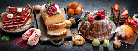 Different desserts on dark background. Delicious sweet dessert table with pound cake, chocolate and red velvet cakes. Holiday sweet eating concept. Top view, panorama, bannerの写真素材
