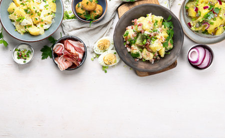 Set with different potato salads. Traditional german and american cuisine. top view, copy spaceの写真素材