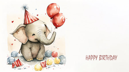Happy Baby elephant with balloons. happy birthday. Holiday concept, watercolor illustration. Generative AI.の素材