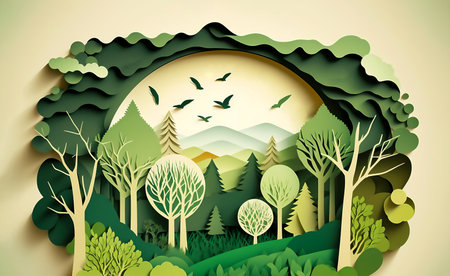 Ecology environment concept. green forest and plant. nature landscape background. paper cut art. Illustration. Generated AIの素材