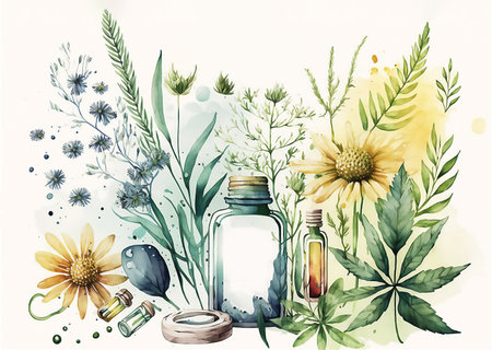 Hand drawn watercolor illustration of herbal essential oil with herbs and flowersの素材
