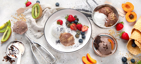 Ice cream assortment on neutral background. Gourmet summer dessert. top view, panorama