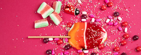 Mixed collection of colorful candy, on pink background. top view. Panorama with copy space.