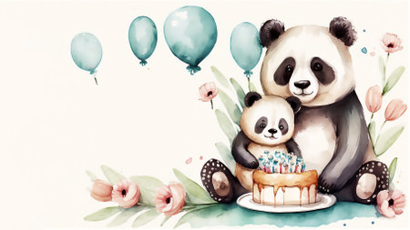 Happy Mother's Day. Cute mother and baby panda together. watercolor vector illustration. Generated AIの素材
