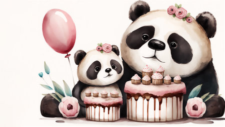 Happy Mother's Day. Cute mother and baby panda together. watercolor vector illustration. Generated AIの素材