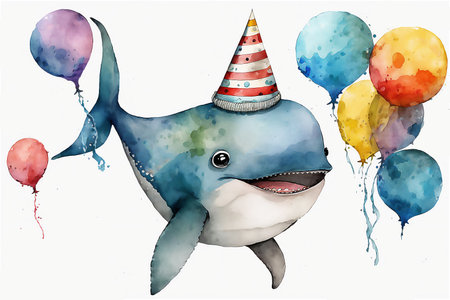 Happy Baby shark with balloons. happy birthday. Holiday concept, watercolor illustration. Generative AI.の素材