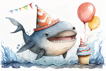 Happy Baby shark with balloons. happy birthday. Holiday concept, watercolor illustration. Generative AI.の素材