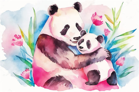 Happy Mother's Day. Cute mother and baby panda together. watercolor vector illustration. anime style. Generated AIの素材