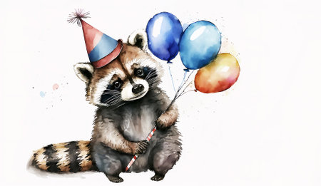 Happy Baby raccoon with balloons. happy birthday. Holiday concept, watercolor illustration. Generative AI.の素材