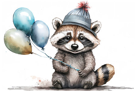 Happy Baby raccoon with balloons. happy birthday. Holiday concept, watercolor illustration. Generative AI.の素材
