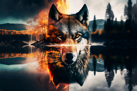 wolf and forest. The concept of protecting wildlife and green planet. Generated AIの素材