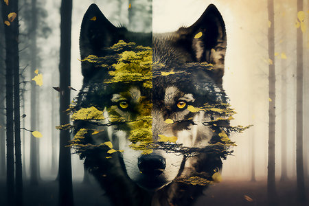 wolf and forest. The concept of protecting wildlife and green planet. Generated AIの素材