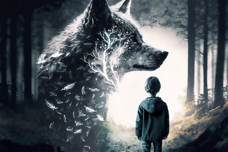 Little child and wolf in magic forest. Generated AIの素材