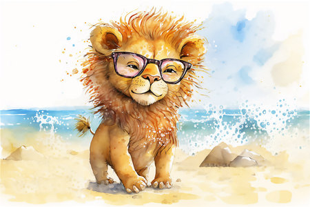 Cute Cartoon Summer Lion baby on a Beach with Sunglasses. Generative AI. watercolor Illustrationの素材