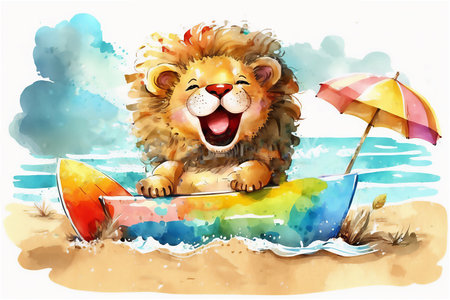 Cute Cartoon Summer Lion baby on a Beach with Sunglasses. Generative AI. watercolor Illustrationの素材