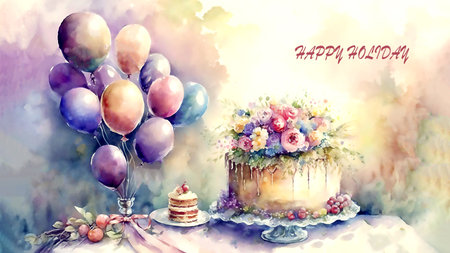 happy birthday celebration concept. Greeting birthday party, decoration invitation card. Watercolor illustration, Generated AIの素材