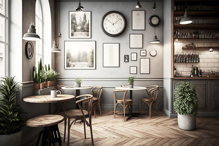 Empty cafe or bar interior, daytime, illustration, post processed AI generated imageの素材