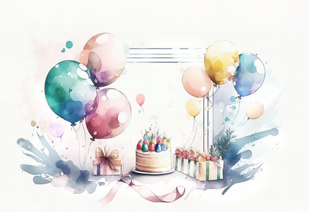 happy birthday celebration concept. Greeting birthday party, decoration invitation card. Watercolor illustration, Generated AI.の素材