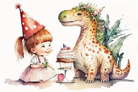 Baby girl and Dinosaur celebrating birthday with birthday cake, balloons on white background. happy holiday concept. greeting card. Watercolor illustration, AI generated.の素材