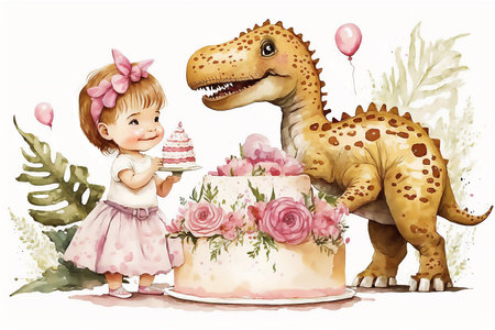 Baby girl and Dinosaur celebrating birthday with birthday cake, balloons on white background. happy holiday concept. greeting card. Watercolor illustration, AI generated.の素材