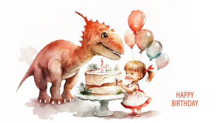 Baby girl and Dinosaur celebrating birthday with birthday cake, balloons on white background. happy holiday concept. greeting card. Watercolor illustration, AI generated.の素材