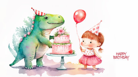 Baby girl and Dinosaur celebrating birthday with birthday cake, balloons on white background. happy holiday concept. greeting card. Watercolor illustration, AI generated.の素材