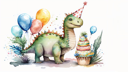 Watercolor illustration of cute dinosaur with colorful balloons. Greeting birthday card, poster, banner for children. white background. AI generated.の素材