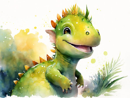 Cute cartoon dinosaur, watercolor illustration, on white isolated background. AI generated.の素材