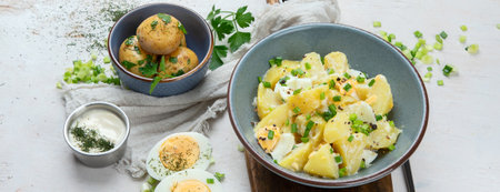 Salad of potatoes, eggs, green onions and mayonnaise on a plate on a white background, top view. panorama.の写真素材