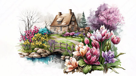 Beautiful outdoor nature scenery in spring, Vintage watercolor illustration. Generated AIの素材