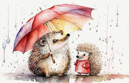 Cute little hedgehog with mom under an umbrella. watercolor cartoon illustration. Generated AIの素材