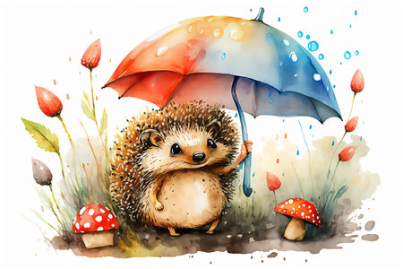 Cute little hedgehog hon white background. Baby watercolor illustrations. AI Generatedの素材
