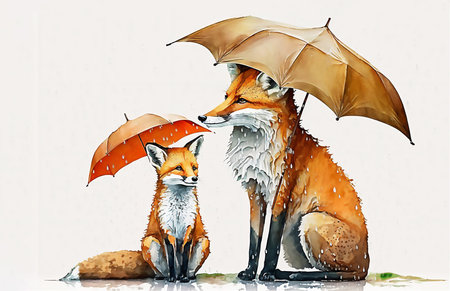 Fox mother and baby. Cute cartoon fox family. white background. greeting card. watercolor cartoon illustration. Generative AIの素材