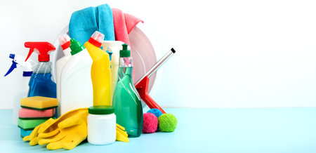 cleaning products. Bottles, rubber gloves and cleaning sponge. Cleaning supplies collection. housework conceptの写真素材