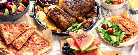 Family dinner or lunch. many dishes on the table. panorama bannerの写真素材