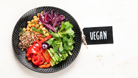 Vegan dish, healthy diet on white background. top view, copy spaceの写真素材