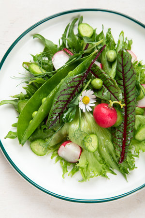 Vitamin spring salad. Salad of fresh vegetables and herbs. Concept of healthy eating. Vitamins for immunity. Food for vegetarians on a white background. top view.の写真素材