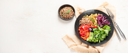Vegan dish, healthy diet on white background. top view, copy spaceの写真素材