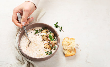 Mushroom cream soup. Healthy vegan dish. top viewの写真素材